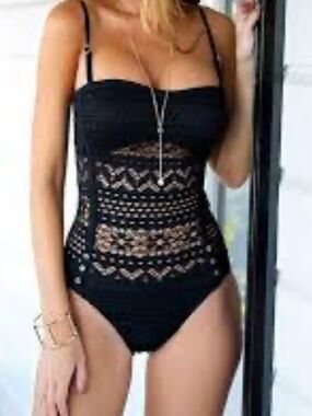 ROBIN PICCONE one piece bathing suit crochet swim suit neck ties navy size 8